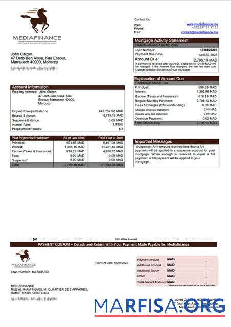 Printable Morocco Mediafinance mortgage statement Word and PDF template